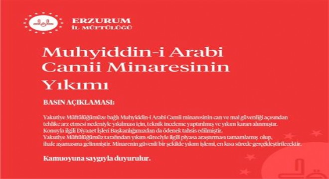 Muhyiddin-i Arabi Camisi Minaresi yıkılacak